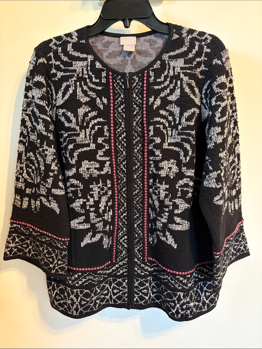 Chico’s Zip Front Knit Jacket 3 XL Black Ivory Floral Cotton Blend